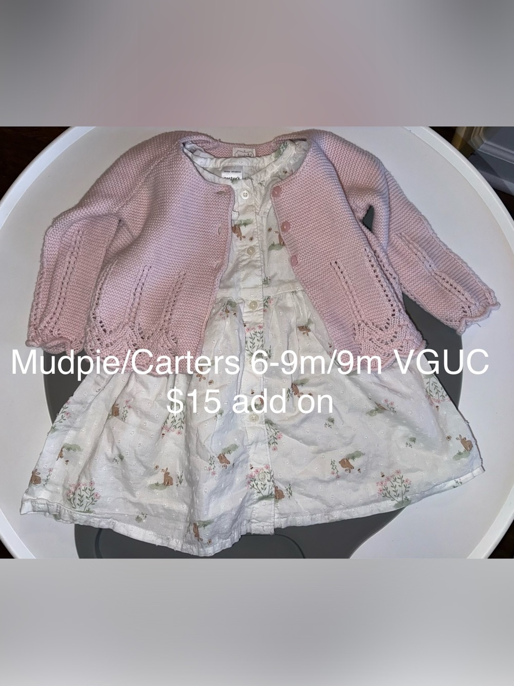Mud Pie Pink Knit Cardigan with Carters White Floral Bunny Rabbit Dress